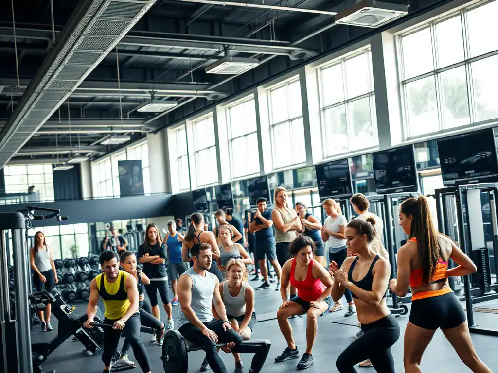 Busy gym filled with people who are working out 