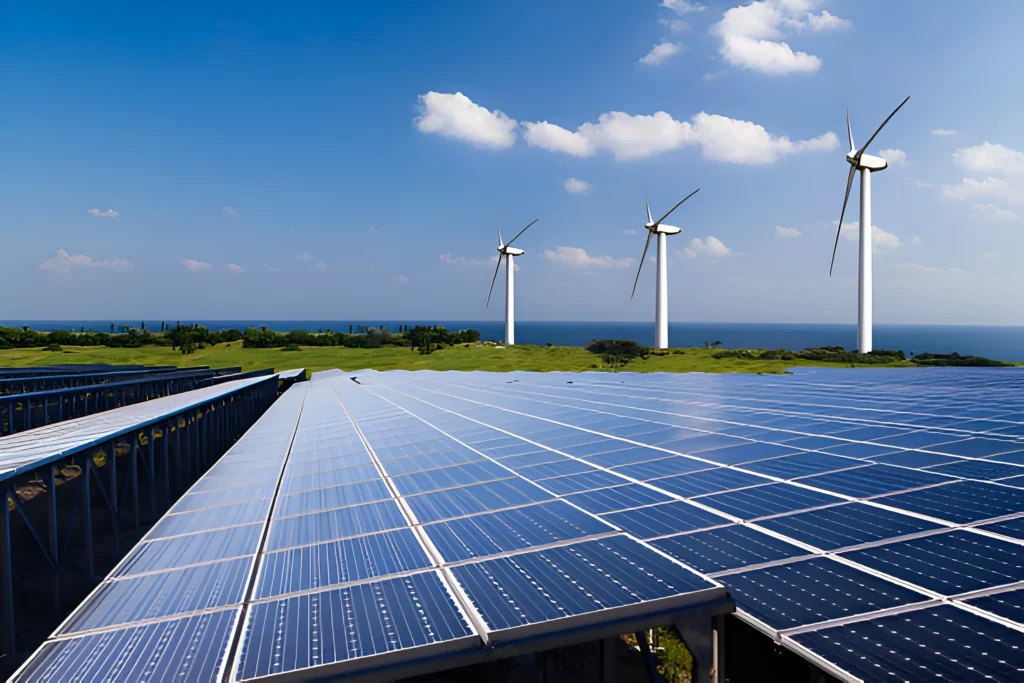 Renewable energy in India – wind turbines and solar panels on coastline