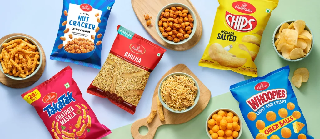 Haldiram product range including bhujia, rasgulla, and frozen samosas