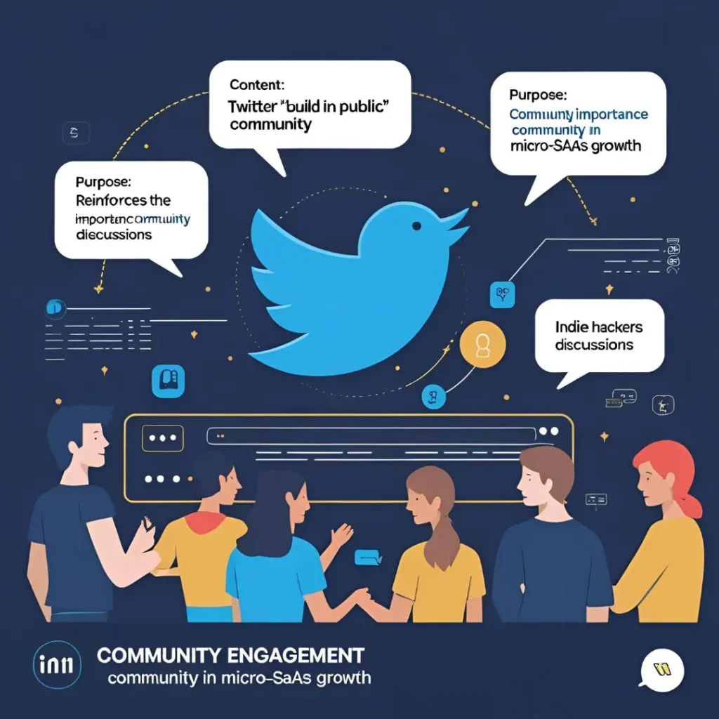Graphic showing the role of community in Micro-SaaS growth, featuring a mockup of Twitter's 'build in public' posts and Indie Hackers forum discussions where founders share progress, challenges, and insights.