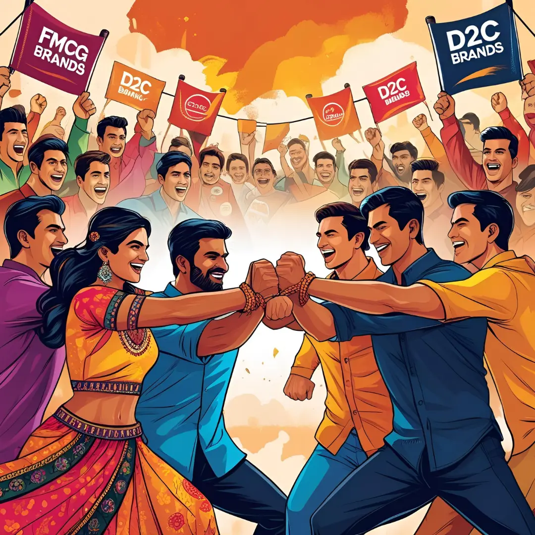 Illustration of Indian FMCG Brands competing with D2C Brands in 2025 market battle