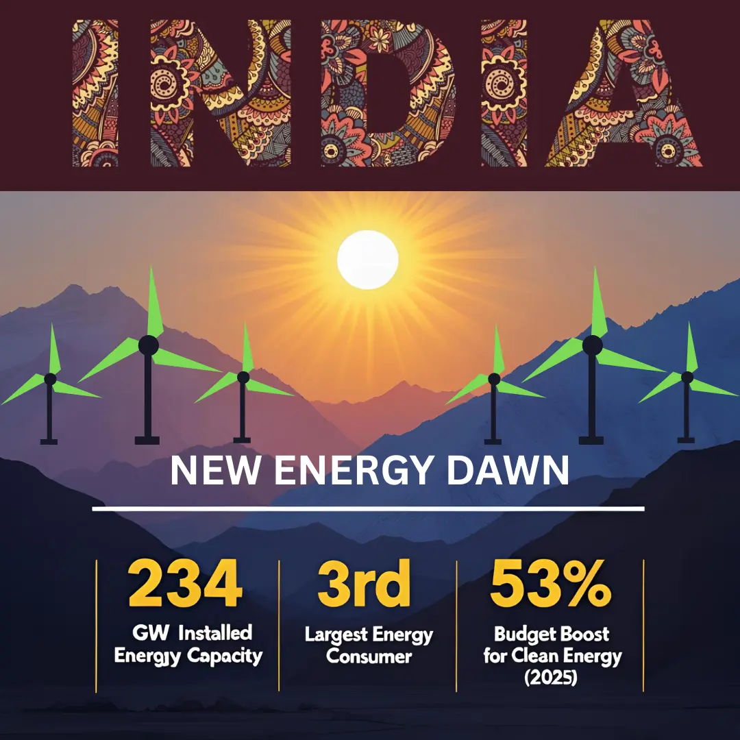 Illustration of India's renewable energy growth in 2025 showing solar potential, wind power, and clean energy capacity milestones.
