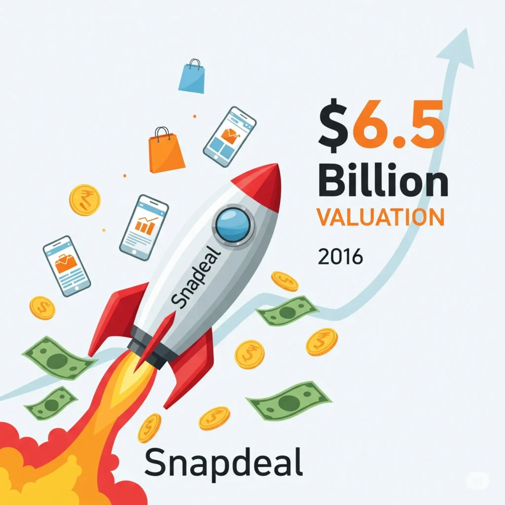 Illustration of Snapdeal’s early rise with a rocket symbolizing its $6.5B valuation in 2016.