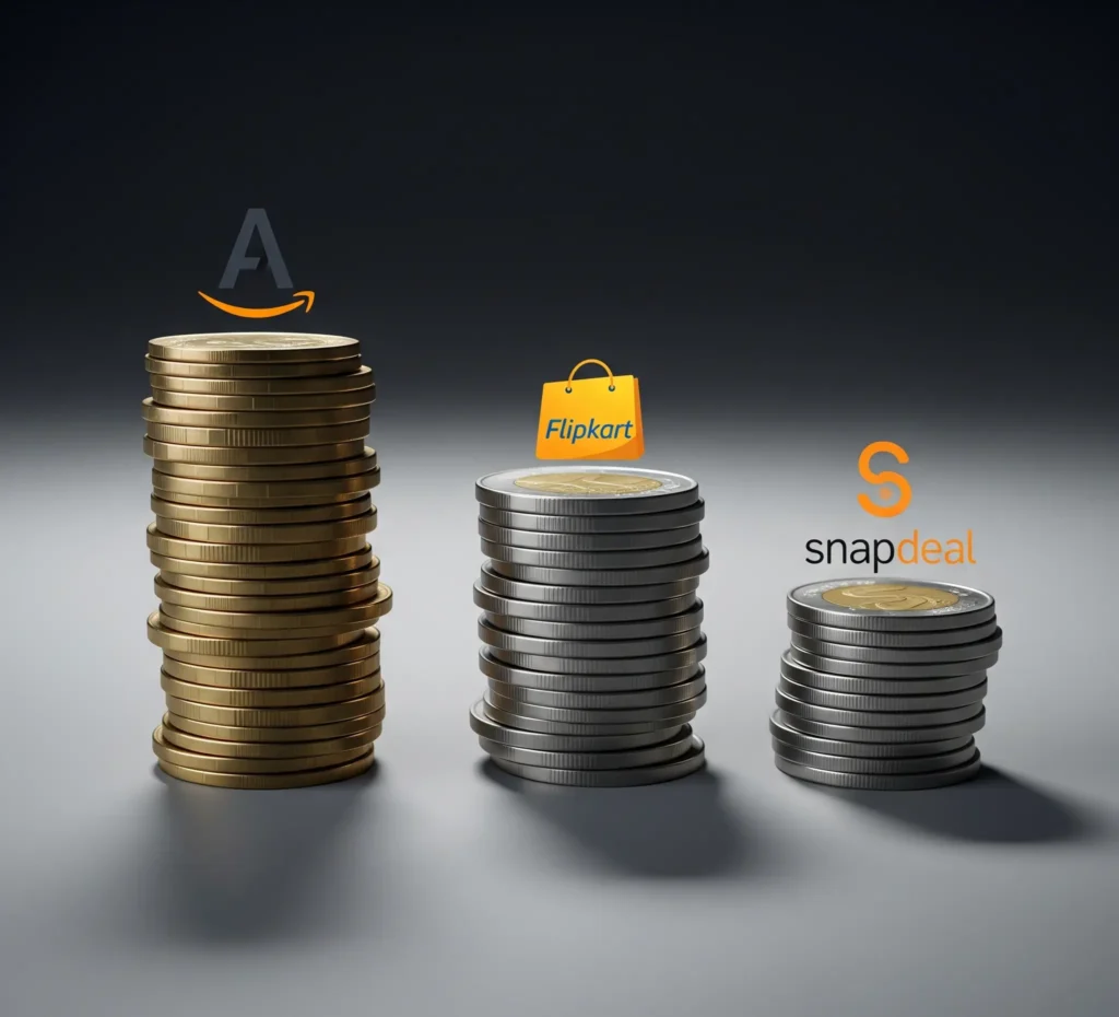 Comparison graphic of Amazon, Flipkart, and Snapdeal funding stacks, highlighting Snapdeal’s collapse and smaller war chest.