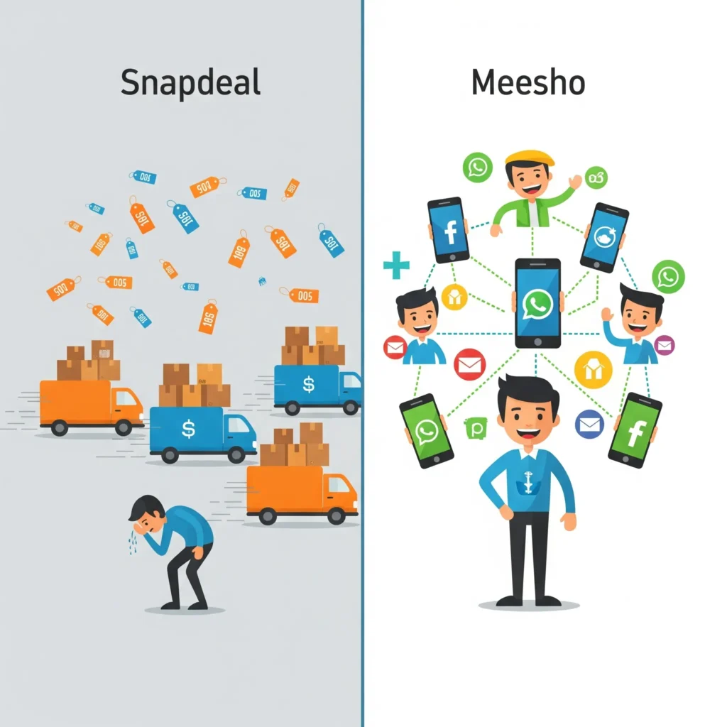 Illustration comparing Snapdeal’s discount-led strategy with Meesho’s social commerce model.
