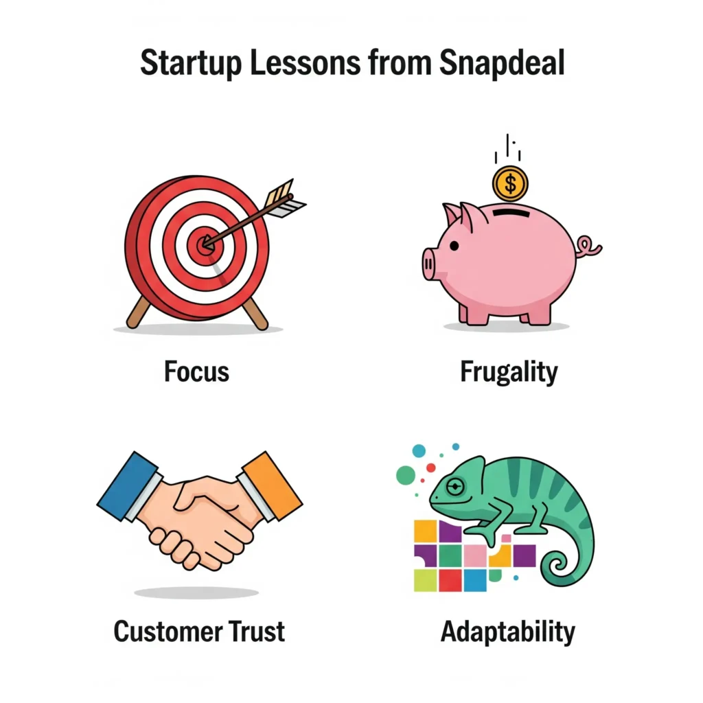 Infographic of startup lessons from Snapdeal’s decline: focus, frugality, trust, adaptability.